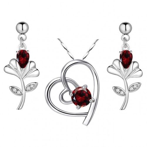 Parure Bijoux Collier Coeur Et Fleur Oxyde De Zirconium Argentée Femme Couleur Rouge