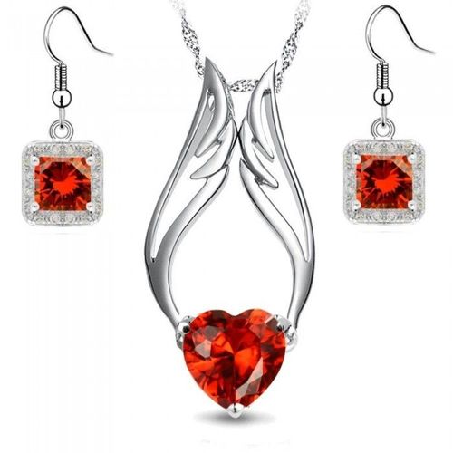 Parure Bijoux Coeur Aile D'ange Oxyde De Zirconium Argentée Femme Couleur Rouge