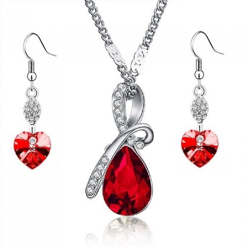Parure Bijoux Collier Goutte Boucles D'oreilles Coeur Strass Argentée Femme Couleur Rouge