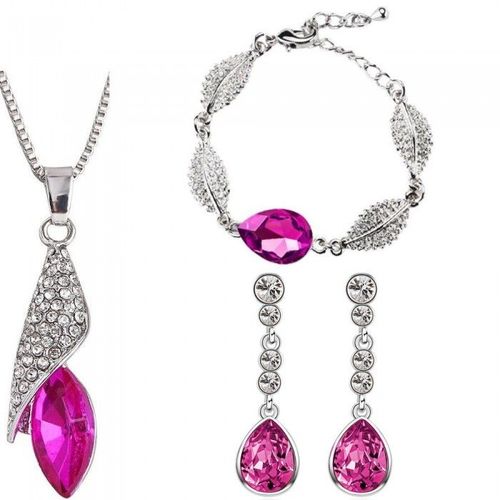 Parure Bijoux Goutte Avec Bracelet Argentée Femme Couleur Rose Fushia