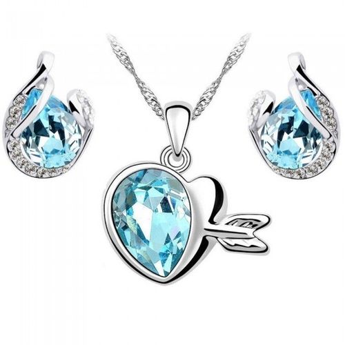 Parure Bijoux Collier Coeur Flèche Boucles D'oreilles Goutte Argentée Femme Couleur Bleu Turquoise