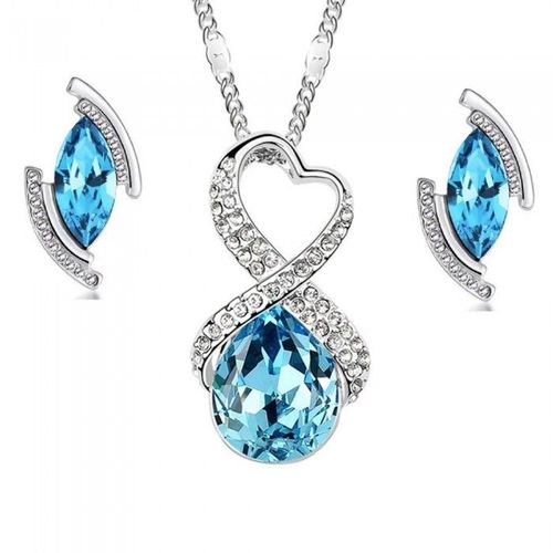 Parure Bijoux Collier Coeur Boucles D'oreilles Goutte Argentée Femme Couleur Bleu Turquoise