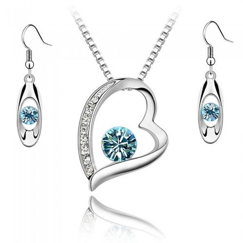 Parure Bijoux Collier Coeur Boucles D'oreilles Strass Pendant Argentée Femme Couleur Bleu Turquoise