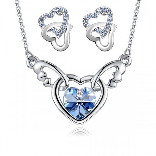 Parure Bijoux Collier Coeur Aile D'ange Boucles D'oreilles 2 Coeurs Argentée Femme Couleur Bleu