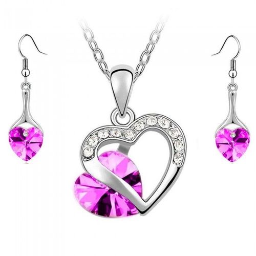 Parure Bijoux Coeur Boucles D'oreilles Coeur Pendantes Argentée Femme Couleur Rose Fushia