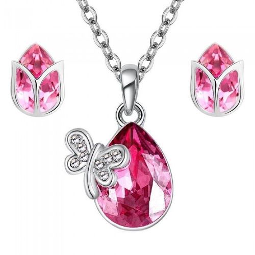 Parure Bijoux Collier Goutte Papillon Boucles D'oreilles Fleur Argentée Femme Couleur Rose