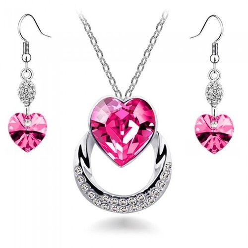 Parure Bijoux Collier Coeur Cercle De Strass Boucles D'oreilles Coeur Pendant Argentée Femme Couleur Rose