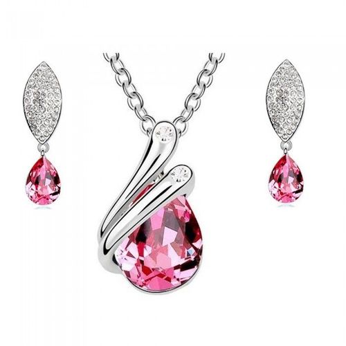 Parure Bijoux Goutte Feuille Collier Boucles D'oreilles Argentée Femme Couleur Rose