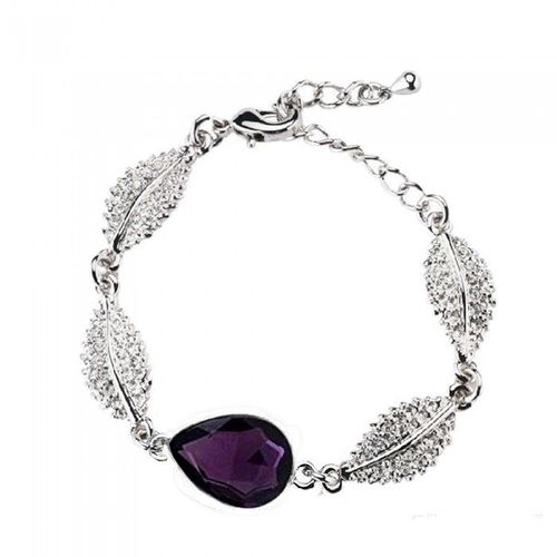 Bracelet Feuille Goutte D'eau Strass Argenté Femme Couleur Violet
