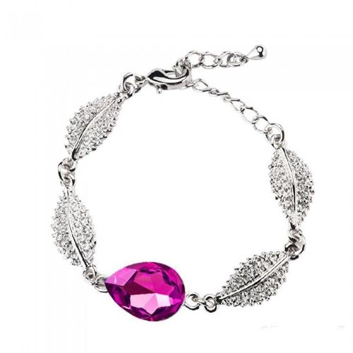 Bracelet Feuille Goutte D'eau Strass Argenté Femme Couleur Rose