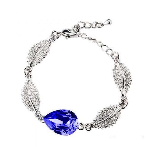 Bracelet Feuille Goutte D'eau Strass Argenté Femme Couleur Bleu Roi