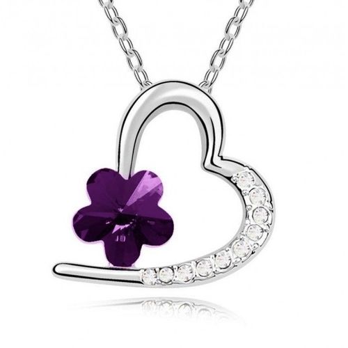 Collier Coeur Fleur Strass Argenté Femme Couleur Violet
