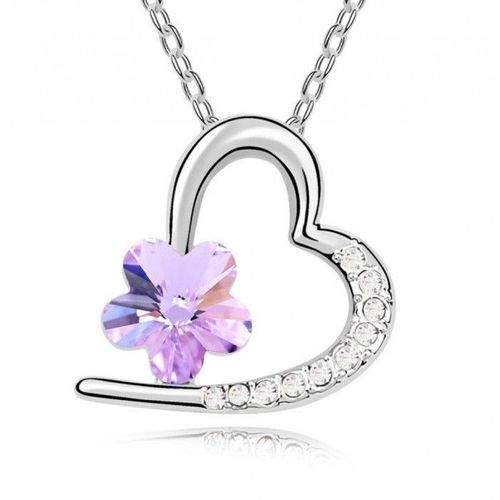 Collier Coeur Fleur Strass Argenté Femme Couleur Mauve