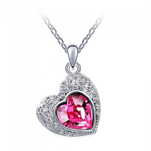 Collier 2 Coeurs Strass Argenté Femme Couleur Rose Fushia