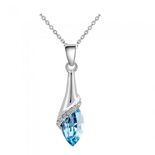 Collier Pendentif Goutte Ovale Strass Argenté Femme Couleur Bleu Turquoise