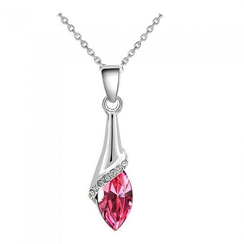 Collier Pendentif Goutte Ovale Strass Argenté Femme Couleur Rose Fushia