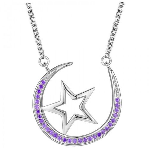 Collier Étoile Croissant De Lune Serti D'oxyde De Zirconium Argenté Femme Couleur Violet