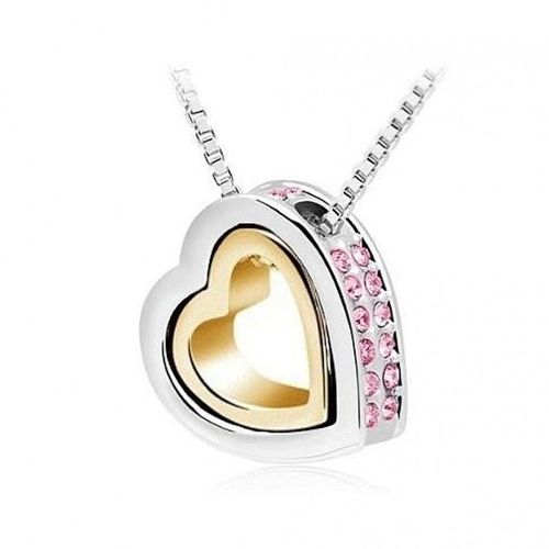 Collier 2 Coeurs Argenté Et Doré Strass Femme Couleur Rose