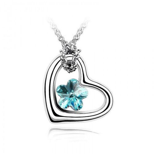 Collier Coeur Noeud Fleur Strass Argenté Femme Couleur Bleu Turquoise