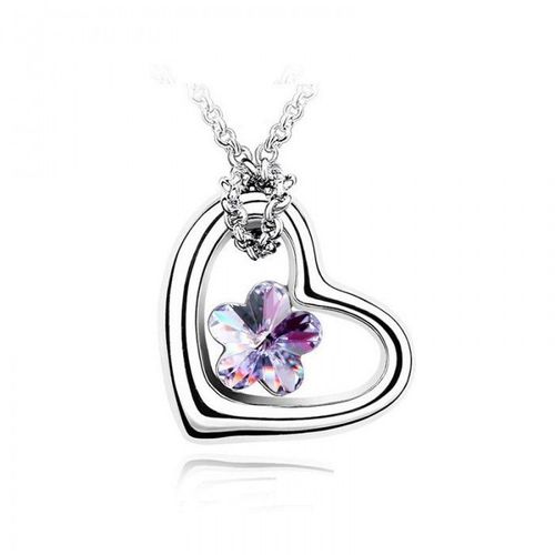 Collier Coeur Noeud Fleur Strass Argenté Femme Couleur Mauve