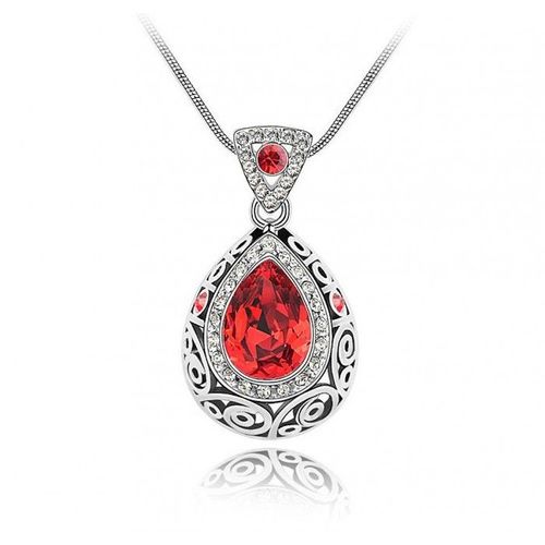 Collier Ciselé Goutte Strass Argenté Femme Couleur Rouge