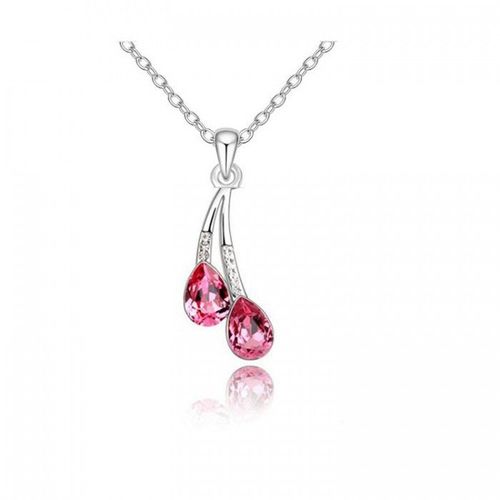 Collier 2 Gouttes Strass Argenté Femme Couleur Rose
