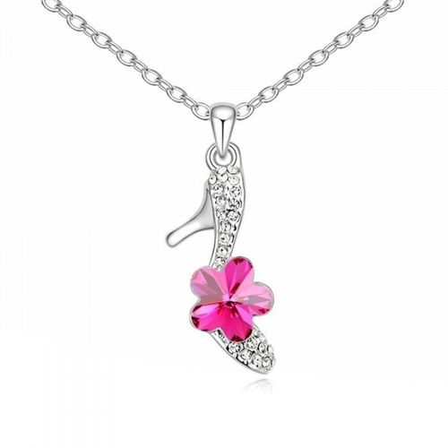 Collier Chaussure Escarpin Fleur Strass Argenté Femme Couleur Rose Fushia