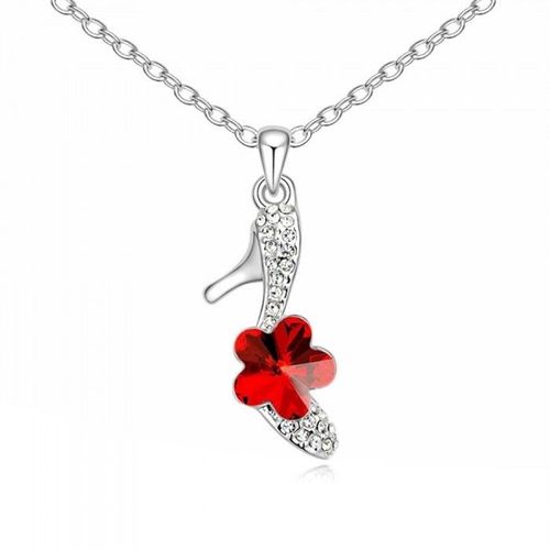 Collier Chaussure Escarpin Fleur Strass Argenté Femme Couleur Rouge