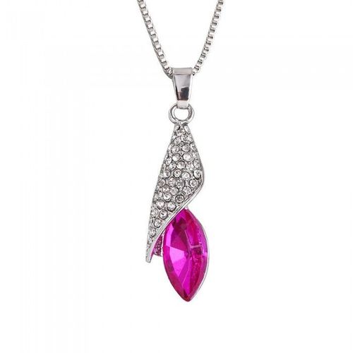 Collier Pendentif Ovale Strass Argenté Femme Couleur Rose Fushia
