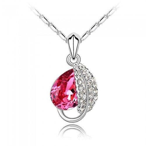 Collier Goutte D'eau Feuille Strass Argenté Femme Couleur Rose