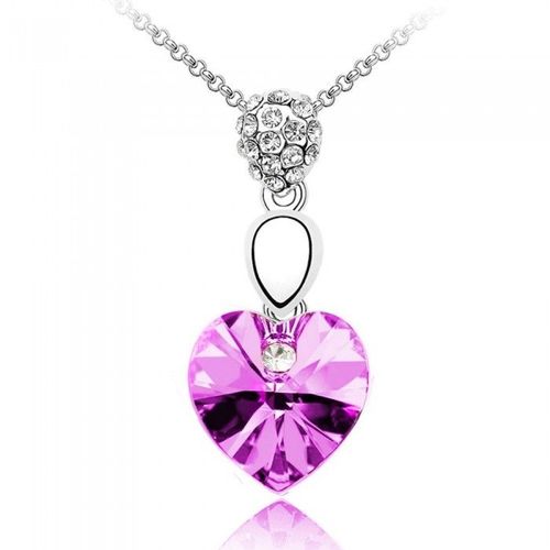 Collier Coeur Pendant Strass Argenté Femme Couleur Rose Fushia