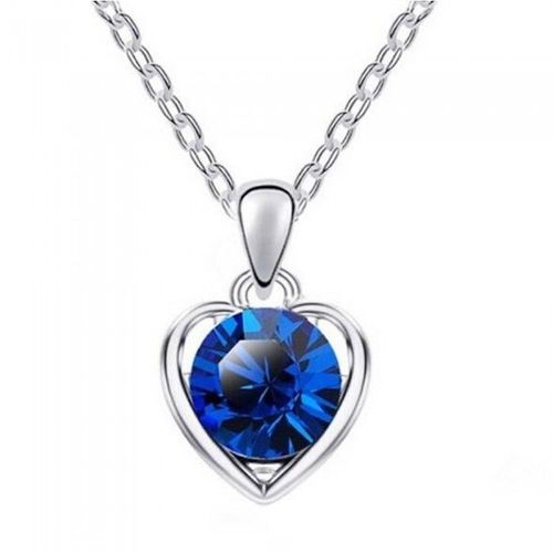 Collier Coeur Strass Rond Argenté Femme Couleur Bleu Roi