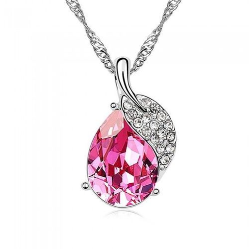 Collier Goutte Enrobée D'une Feuille Strass Argenté Femme Couleur Rose