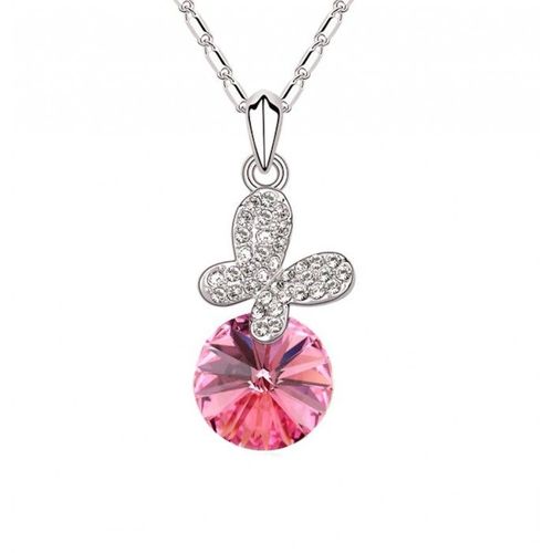 Collier Papillon Strass Argenté Femme Couleur Rose