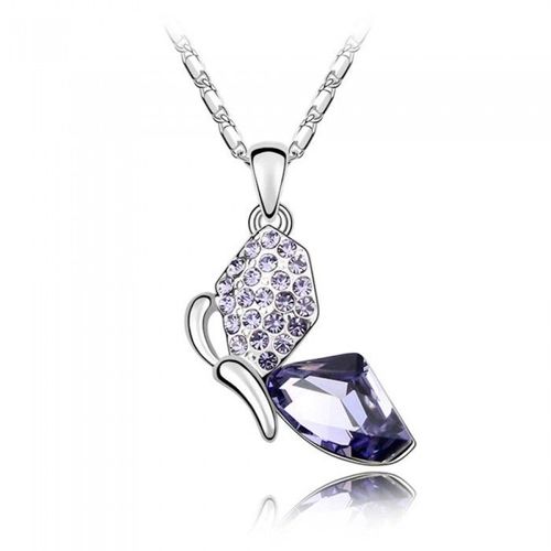 Collier Papillon Strass Pendant Argenté Femme Couleur Mauve