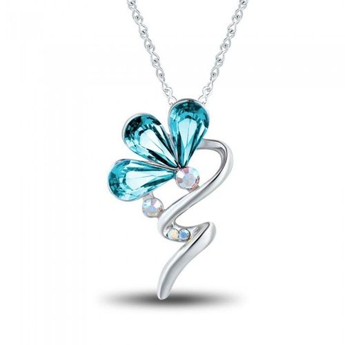 Collier Fleur Vague Strass Argenté Femme Couleur Bleu Turquoise