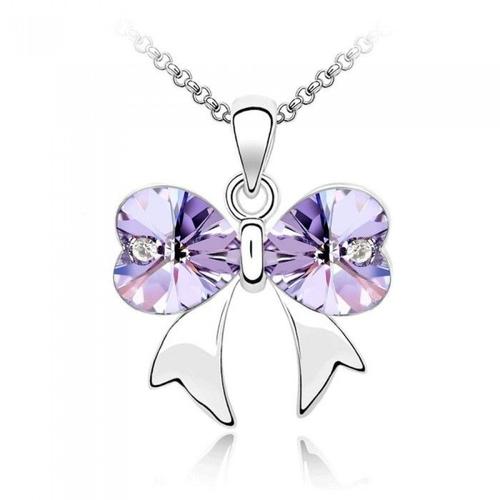 Collier Coeur Noeud Ruban Argenté Femme Couleur Mauve