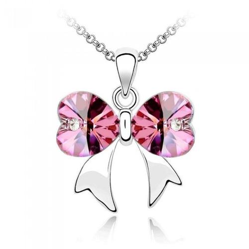 Collier Coeur Noeud Ruban Argenté Femme Couleur Rose