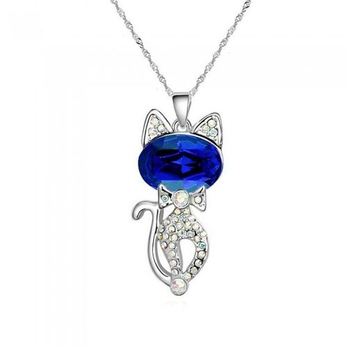 Collier Chat Strass Argenté Femme Couleur Bleu Roi