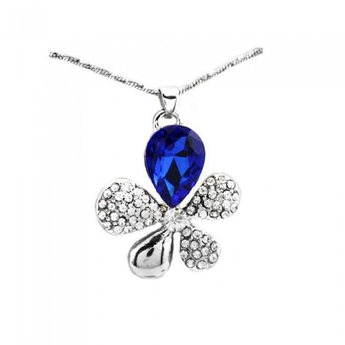 Collier Fleur Trèfle Strass Argenté Femme Couleur Bleu Roi