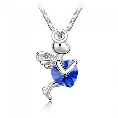 Collier Cupidon Ange Avec Coeur Strass Argenté Femme Couleur Bleu Roi