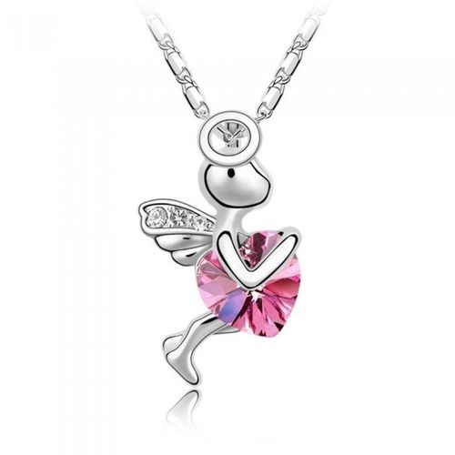 Collier Cupidon Ange Avec Coeur Strass Argenté Femme Couleur Rose