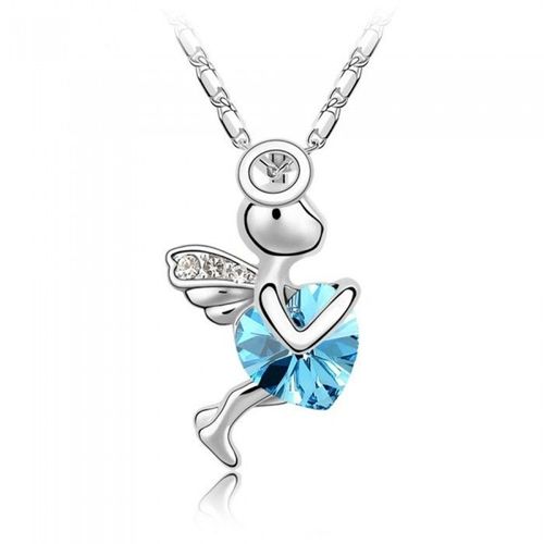 Collier Cupidon Ange Avec Coeur Strass Argenté Femme Couleur Bleu Turquoise