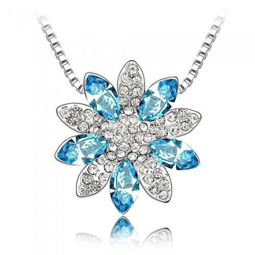 Collier Soleil Fleur De Strass Argenté Femme Couleur Bleu Turquoise