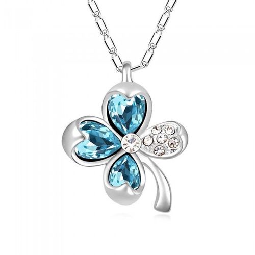 Collier Trèfle Porte Bonheur 3 Strass Argenté Femme Couleur Bleu Turquoise