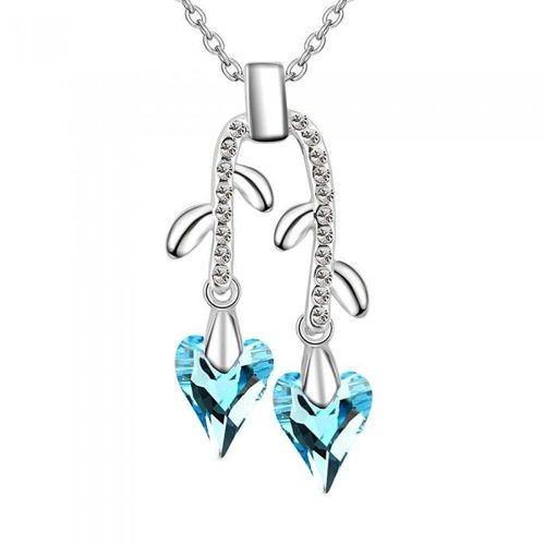 Collier 2 Coeurs Pendants Strass Argenté Femme Couleur Bleu Turquoise