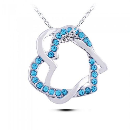Collier 2 Coeurs Enlacés Strass Argenté Femme Couleur Bleu Turquoise