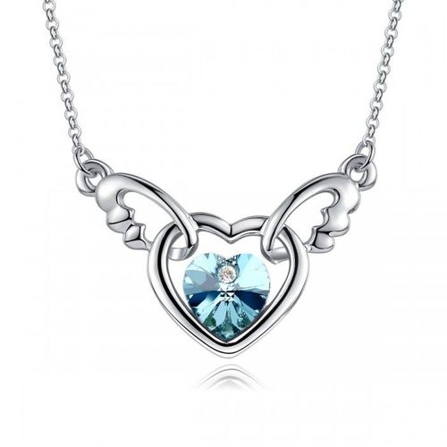 Collier Ailes Coeur Strass Argenté Femme Couleur Bleu Turquoise