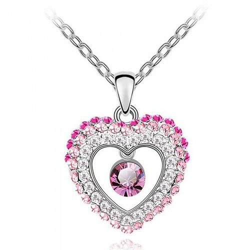 Collier Coeur Strass Rond Pendant Argenté Femme Couleur Rose