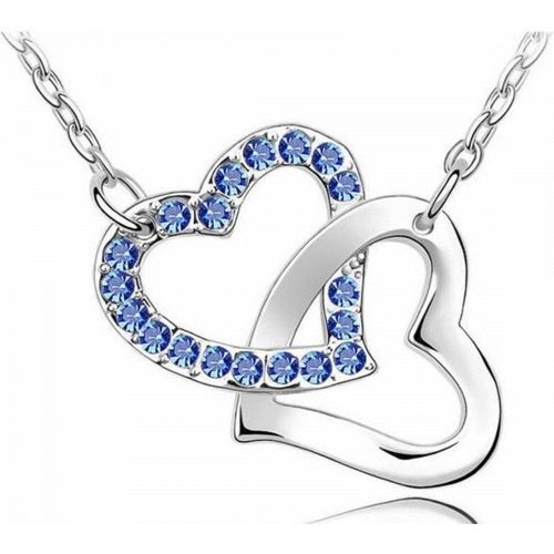 Collier 2 Coeurs Enlacés Strass Argenté Femme Couleur Bleu Roi